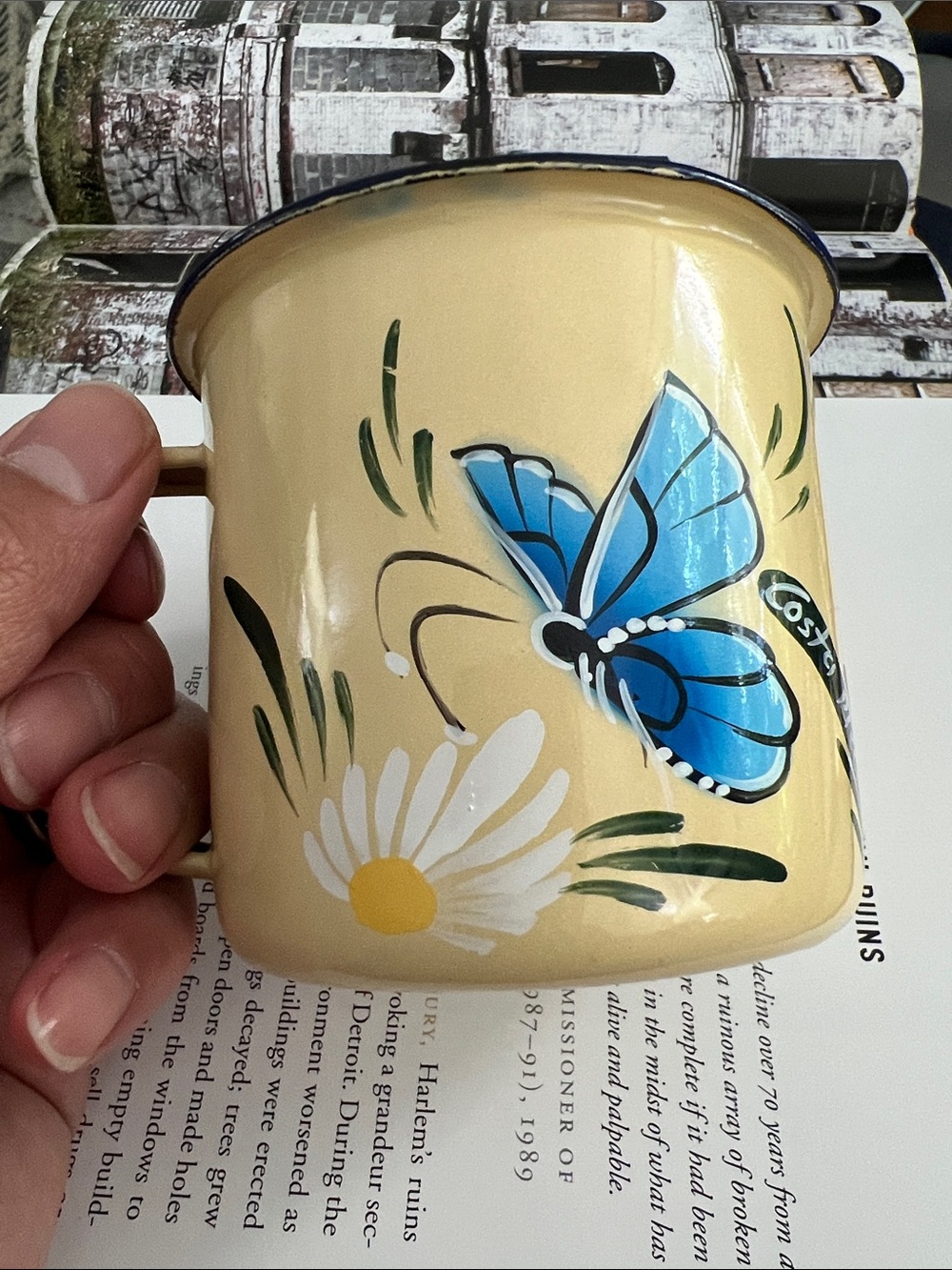 Yellow Enamel Mug with Blue Butterfly and Daisy- Retro/Vintage Style Decor